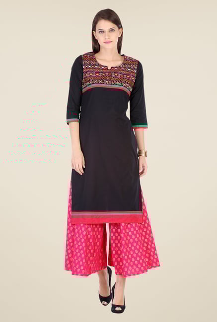 Varanga Black & Pink Embroidered Kurta With Palazzo Varanga Black & Pink Embroidered Kurta With Palazzo