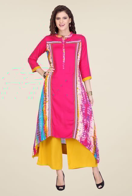 Varanga Pink & Mustard Printed Kurta With Palazzo Varanga Pink & Mustard Printed Kurta With Palazzo