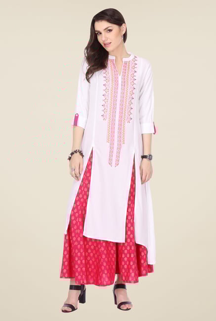 Varanga White & Pink Embroidered Kurta With Palazzo Varanga White & Pink Embroidered Kurta With Palazzo