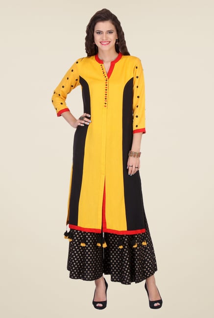 Varanga Yellow & Black Solid Kurta With Palazzo Varanga Yellow & Black Solid Kurta With Palazzo