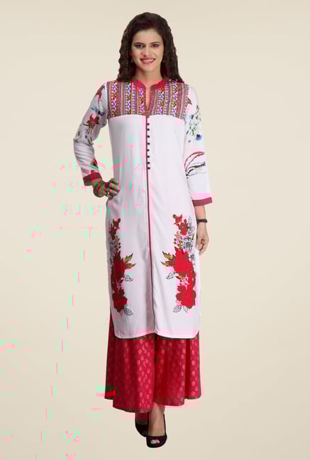 Varanga White & Pink Floral Print Kurta With Palazzo Varanga White & Pink Floral Print Kurta With Palazzo