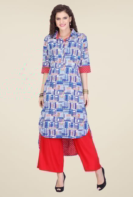 Varanga Blue & Red Printed Kurta With Palazzo Varanga Blue & Red Printed Kurta With Palazzo