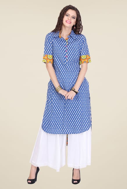 Varanga Blue & White Printed Kurta With Palazzo Varanga Blue & White Printed Kurta With Palazzo