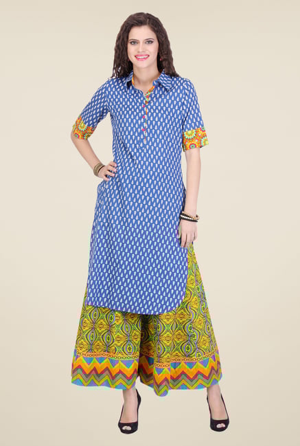 Varanga Blue & Yellow Printed Kurta With Palazzo Varanga Blue & Yellow Printed Kurta With Palazzo