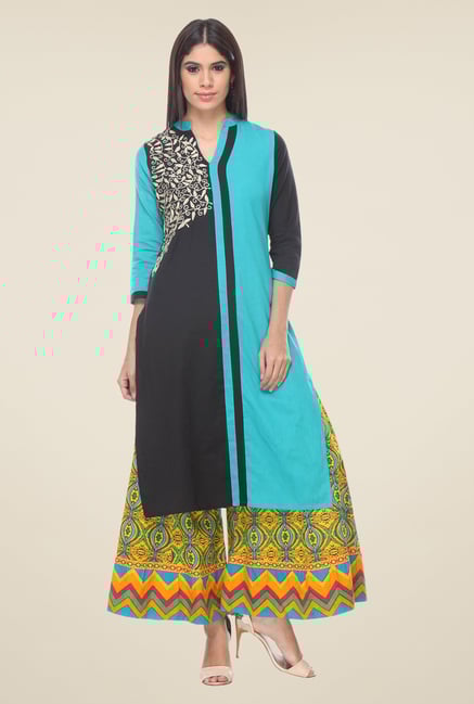 Varanga Blue & Yellow Embroidered Kurta With Palazzo Varanga Blue & Yellow Embroidered Kurta With Palazzo