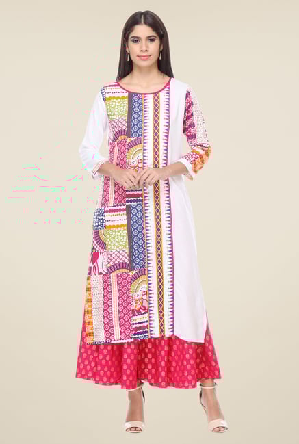 Varanga White & Pink Printed Kurta With Palazzo Varanga White & Pink Printed Kurta With Palazzo