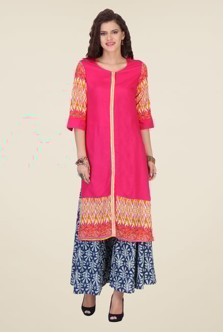 Varanga Pink & Navy Printed Kurta With Palazzo Varanga Pink & Navy Printed Kurta With Palazzo