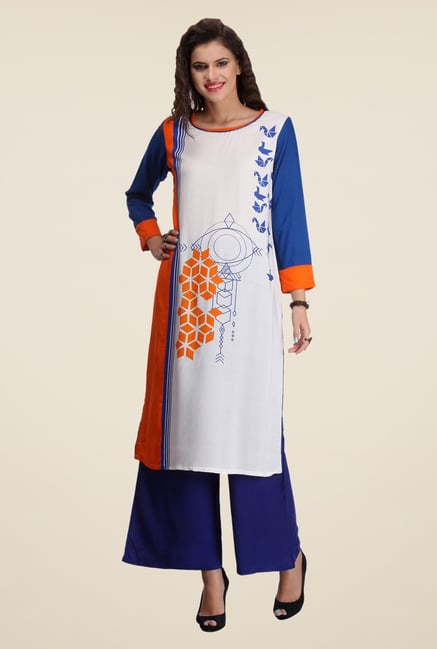 Varanga White & Blue Printed Kurta With Palazzo Varanga White & Blue Printed Kurta With Palazzo