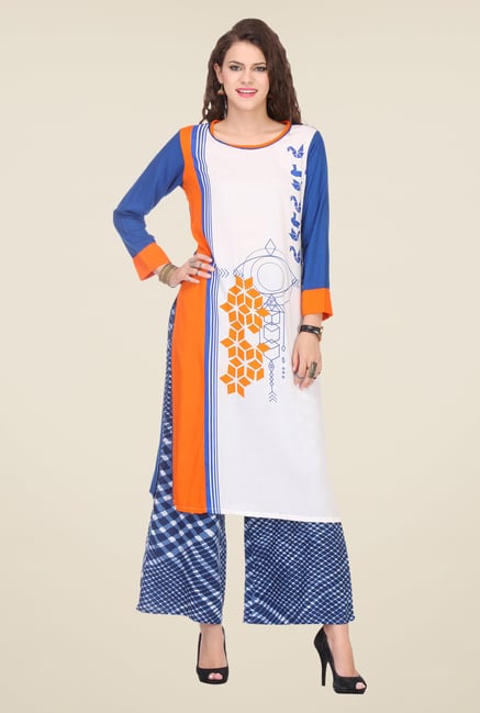 Varanga White & Blue Printed Kurta With Palazzo Varanga White & Blue Printed Kurta With Palazzo