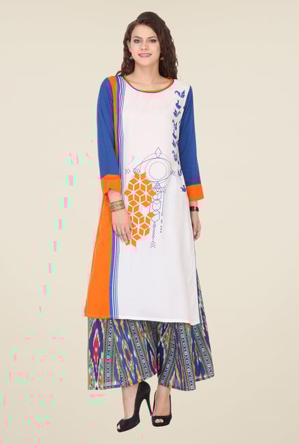 Varanga White & Blue Printed Kurta With Palazzo Varanga White & Blue Printed Kurta With Palazzo