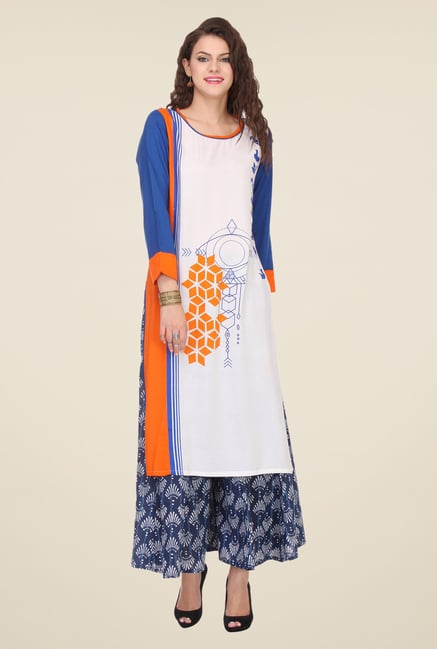 Varanga White & Navy Printed Kurta With Palazzo Varanga White & Navy Printed Kurta With Palazzo