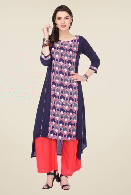 Varanga Navy & Peach Printed Kurta With Palazzo Varanga Navy & Peach Printed Kurta With Palazzo