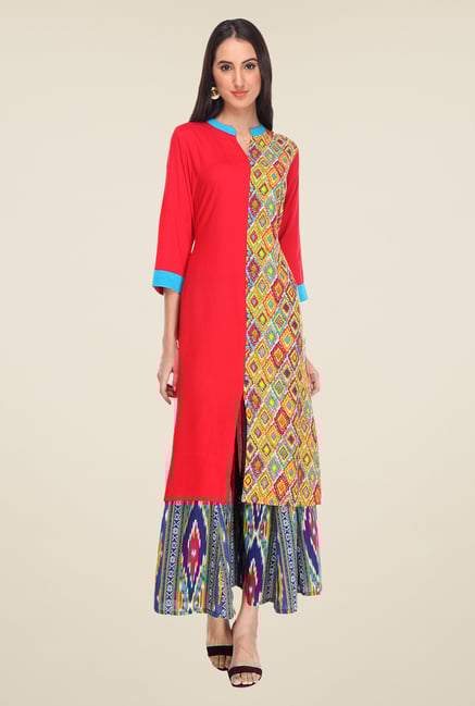 Varanga Red & Blue Printed Kurta With Palazzo Varanga Red & Blue Printed Kurta With Palazzo