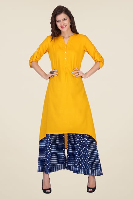 Varanga Yellow & Navy Solid Kurta With Palazzo Varanga Yellow & Navy Solid Kurta With Palazzo