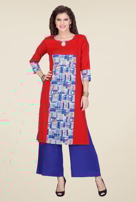 Varanga Red & Blue Printed Kurta With Palazzo Varanga Red & Blue Printed Kurta With Palazzo