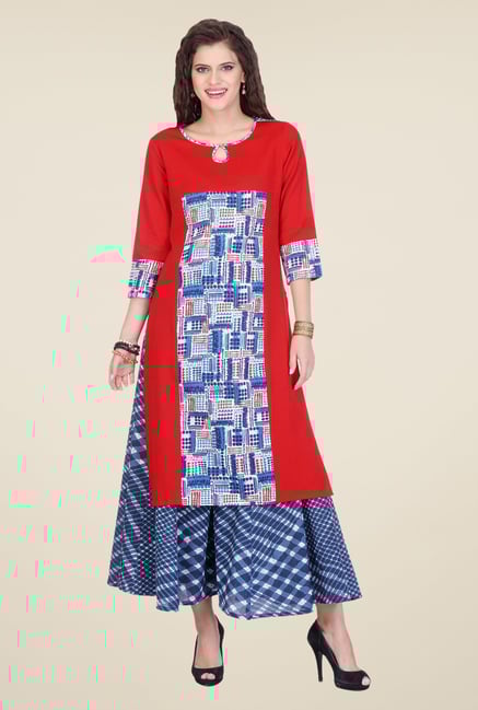 Varanga Red & Blue Printed Kurta With Palazzo Varanga Red & Blue Printed Kurta With Palazzo