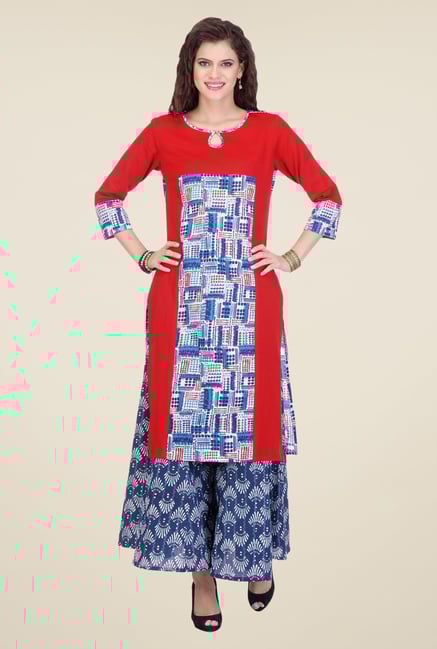 Varanga Red & Blue Printed Kurta With Palazzo Varanga Red & Blue Printed Kurta With Palazzo