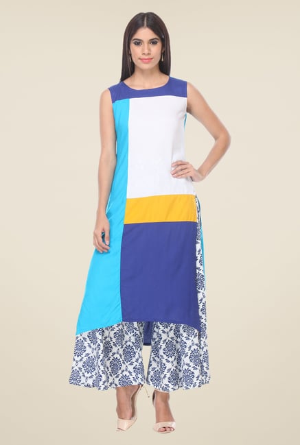 Varanga White & Blue Solid Kurta With Palazzo Varanga White & Blue Solid Kurta With Palazzo