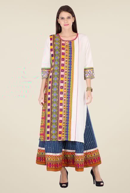 Varanga White & Blue Embroidered Kurta With Palazzo Varanga White & Blue Embroidered Kurta With Palazzo