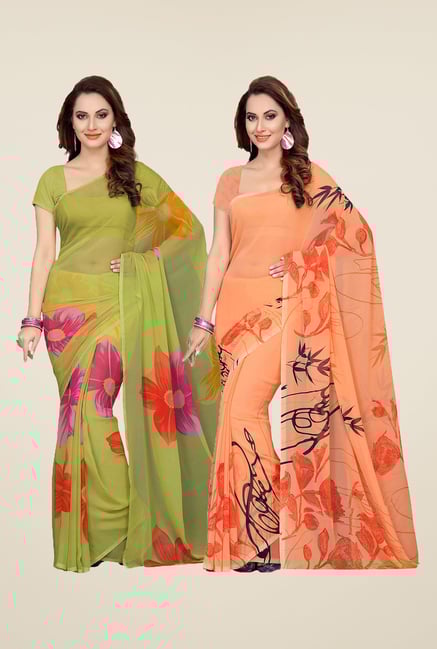 Ishin Olive & Peach Printed Cotton Saree (Pack Of 2) Ishin Olive & Peach Printed Cotton Saree (Pack Of 2)