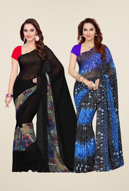 Ishin Black & Blue Printed Cotton Saree (Pack Of 2) Ishin Black & Blue Printed Cotton Saree (Pack Of 2)