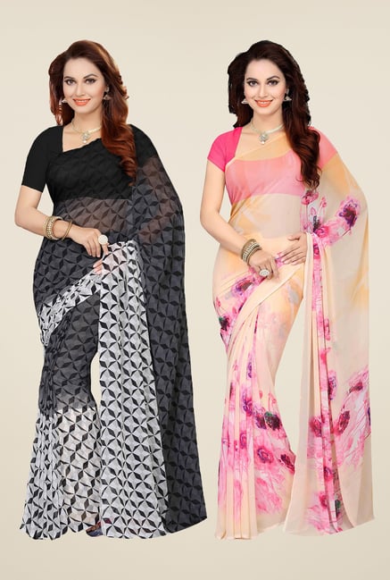 Ishin Grey & Peach Printed Cotton Saree (Pack Of 2) Ishin Grey & Peach Printed Cotton Saree (Pack Of 2)