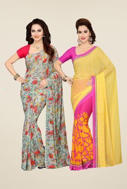 Ishin Green & Pink Printed Cotton Saree (Pack Of 2) Ishin Green & Pink Printed Cotton Saree (Pack Of 2)