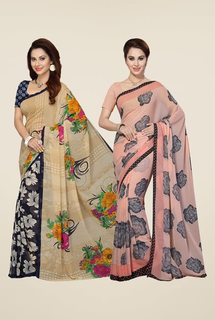 Ishin Navy & Peach Printed Cotton Saree (Pack Of 2) Ishin Navy & Peach Printed Cotton Saree (Pack Of 2)