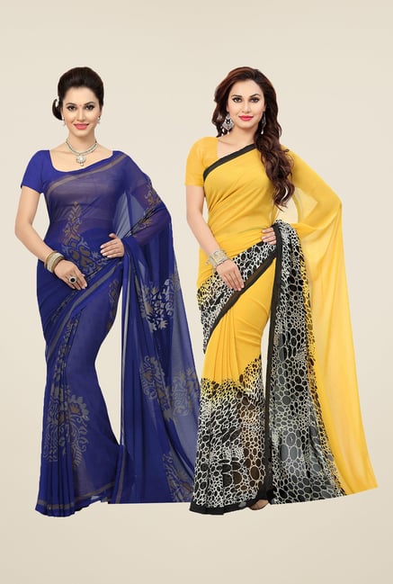 Ishin Blue & Yellow Printed Cotton Saree (Pack Of 2) Ishin Blue & Yellow Printed Cotton Saree (Pack Of 2)