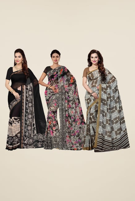 Ishin Black, White & Grey Printed Cotton Saree (Pack Of 3) Ishin Black, White & Grey Printed Cotton Saree (Pack Of 3)