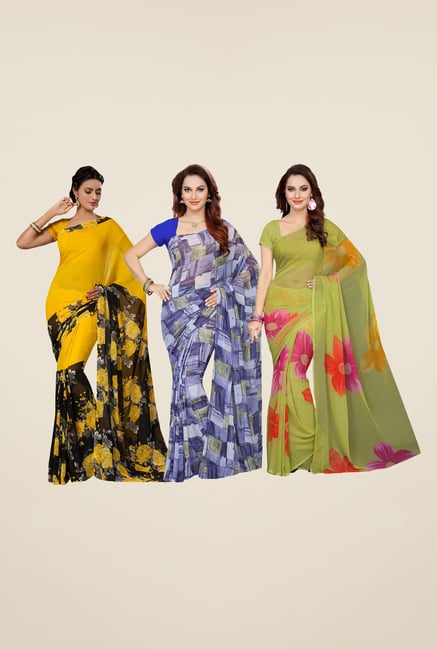 Ishin Yellow, Blue & Olive Printed Cotton Saree (Pack Of 3) Ishin Yellow, Blue & Olive Printed Cotton Saree (Pack Of 3)