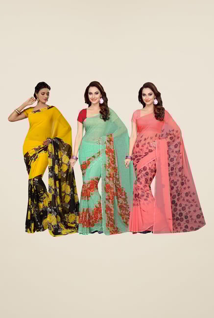 Ishin Yellow, Green & Peach Cotton Saree (Pack Of 3) Ishin Yellow, Green & Peach Cotton Saree (Pack Of 3)