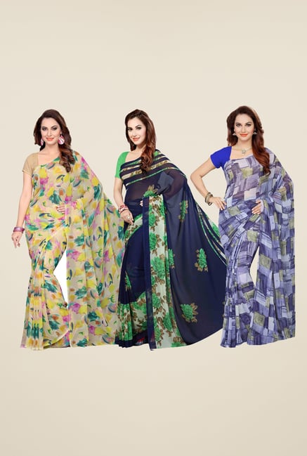Ishin Beige, Navy & Blue Printed Cotton Saree (Pack Of 3) Ishin Beige, Navy & Blue Printed Cotton Saree (Pack Of 3)