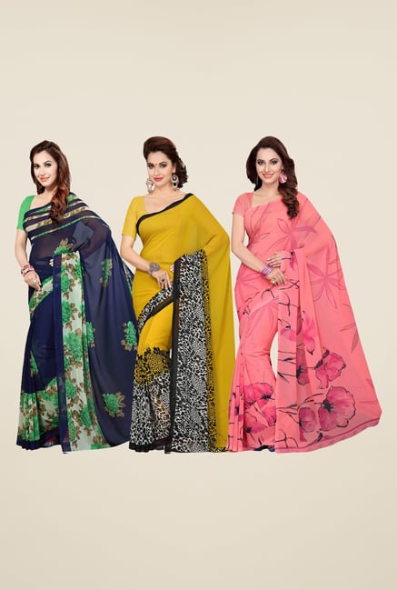 Ishin Navy, Yellow & Peach Printed Cotton Saree (Pack Of 3) Ishin Navy, Yellow & Peach Printed Cotton Saree (Pack Of 3)