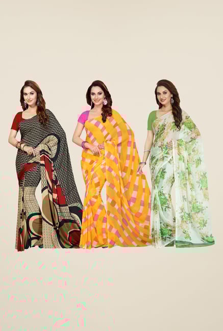 Ishin Beige, Yellow & White Printed Cotton Saree (Pack Of 3) Ishin Beige, Yellow & White Printed Cotton Saree (Pack Of 3)