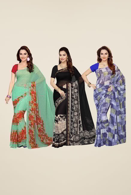 Ishin Green, Black & Blue Printed Cotton Saree (Pack Of 3) Ishin Green, Black & Blue Printed Cotton Saree (Pack Of 3)