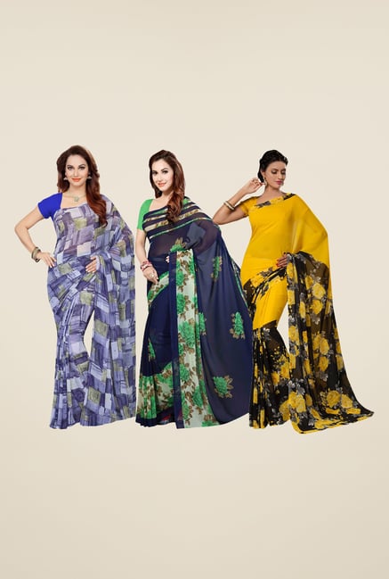Ishin Blue, Navy & Yellow Printed Cotton Saree (Pack Of 3) Ishin Blue, Navy & Yellow Printed Cotton Saree (Pack Of 3)
