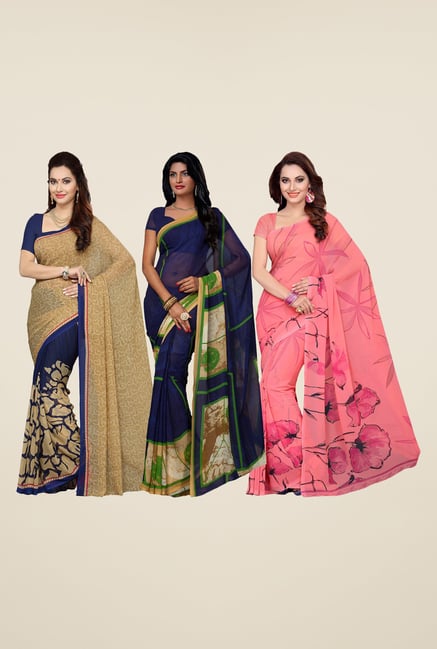 Ishin Beige, Navy & Peach Printed Cotton Saree (Pack Of 3) Ishin Beige, Navy & Peach Printed Cotton Saree (Pack Of 3)