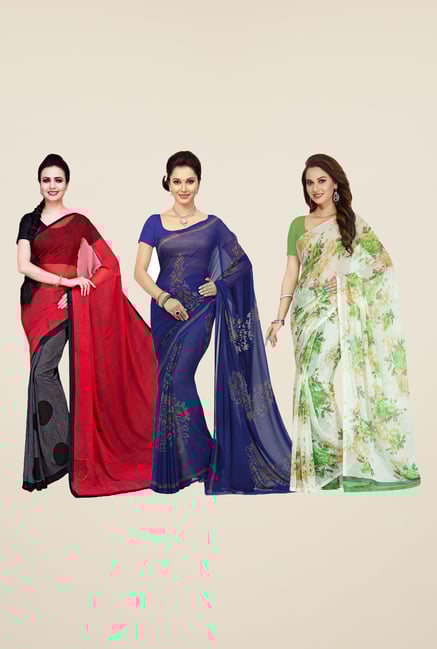 Ishin Grey, Blue & White Printed Cotton Saree (Pack Of 3) Ishin Grey, Blue & White Printed Cotton Saree (Pack Of 3)