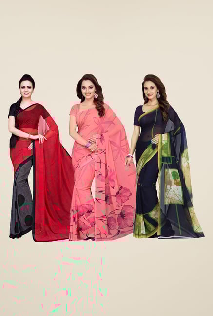 Ishin Grey, Peach & Navy Printed Cotton Saree (Pack Of 3) Ishin Grey, Peach & Navy Printed Cotton Saree (Pack Of 3)