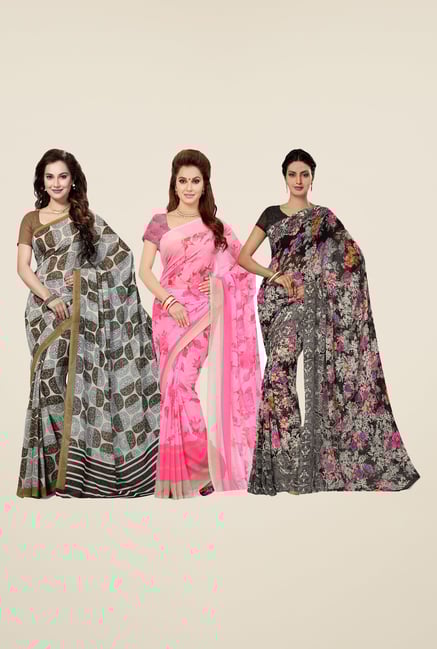 Ishin Brown, Pink & Black Printed Cotton Saree (Pack Of 3) Ishin Brown, Pink & Black Printed Cotton Saree (Pack Of 3)