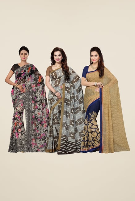 Ishin Black, Brown & Blue Printed Cotton Saree (Pack Of 3) Ishin Black, Brown & Blue Printed Cotton Saree (Pack Of 3)