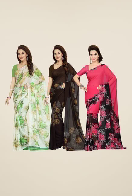 Ishin White, Brown & Pink Printed Cotton Saree (Pack Of 3) Ishin White, Brown & Pink Printed Cotton Saree (Pack Of 3)