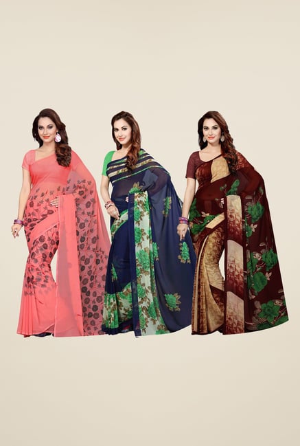 Ishin Peach, Navy & Maroon Cotton Saree (Pack Of 3) Ishin Peach, Navy & Maroon Cotton Saree (Pack Of 3)