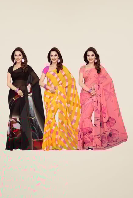 Ishin Brown, Yellow & Peach Printed Cotton Saree (Pack Of 3) Ishin Brown, Yellow & Peach Printed Cotton Saree (Pack Of 3)