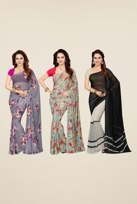 Ishin Grey, Green & Off White Cotton Saree (Pack Of 3) Ishin Grey, Green & Off White Cotton Saree (Pack Of 3)