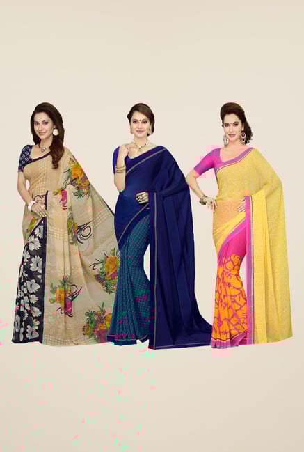 Ishin Navy, Blue & Pink Printed Cotton Saree (Pack Of 3) Ishin Navy, Blue & Pink Printed Cotton Saree (Pack Of 3)