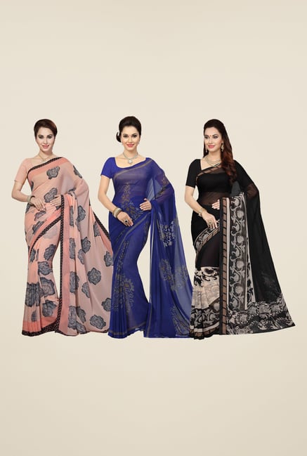 Ishin Peach, Blue & Black Printed Cotton Saree (Pack Of 3) Ishin Peach, Blue & Black Printed Cotton Saree (Pack Of 3)