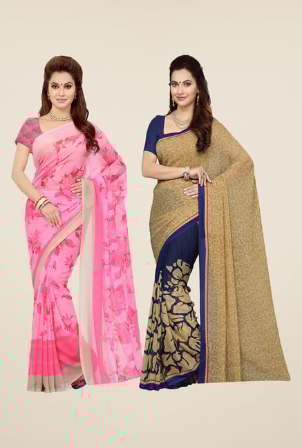Ishin Pink & Navy Printed Cotton Saree (Pack Of 2) Ishin Pink & Navy Printed Cotton Saree (Pack Of 2)