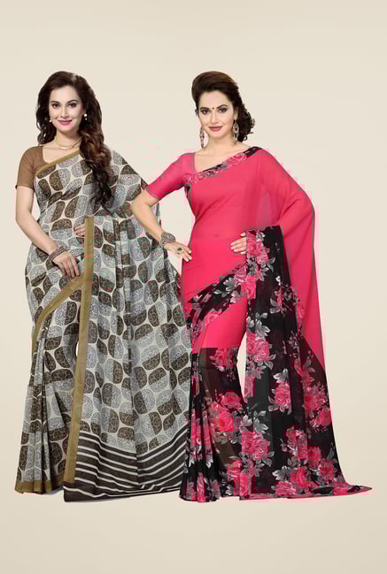 Ishin Grey & Pink Printed Cotton Saree (Pack Of 2) Ishin Grey & Pink Printed Cotton Saree (Pack Of 2)